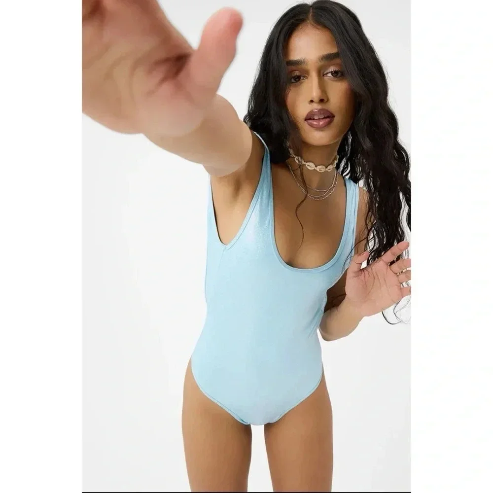 NWT Frankie's Bikinis Kyle Iridescent One Piece Swimsuit Cloud Chase Blue XL